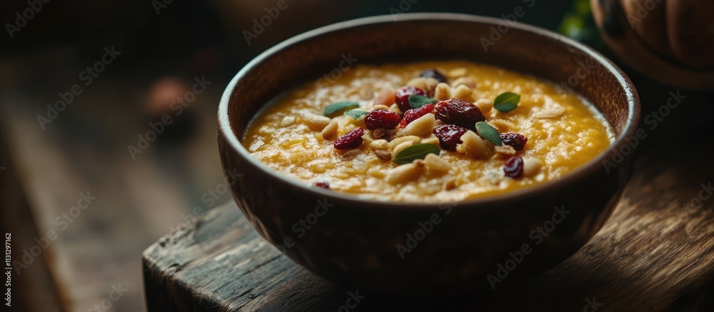Poster pumpkin kheer with dry fruits in a bowl on a moody background featuring selective focus and warm ton