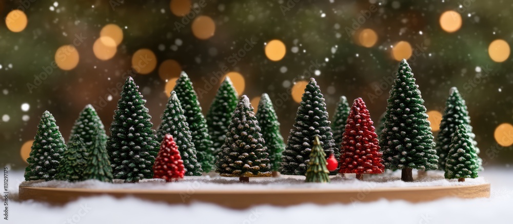 Poster Miniature Christmas Trees in a Festive Display with Snow and Bokeh Background Decorations