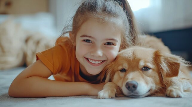 Photo of cute adorable girl dressed orange shirt smiling enjoying her little friend lying foor indoors house apartment room