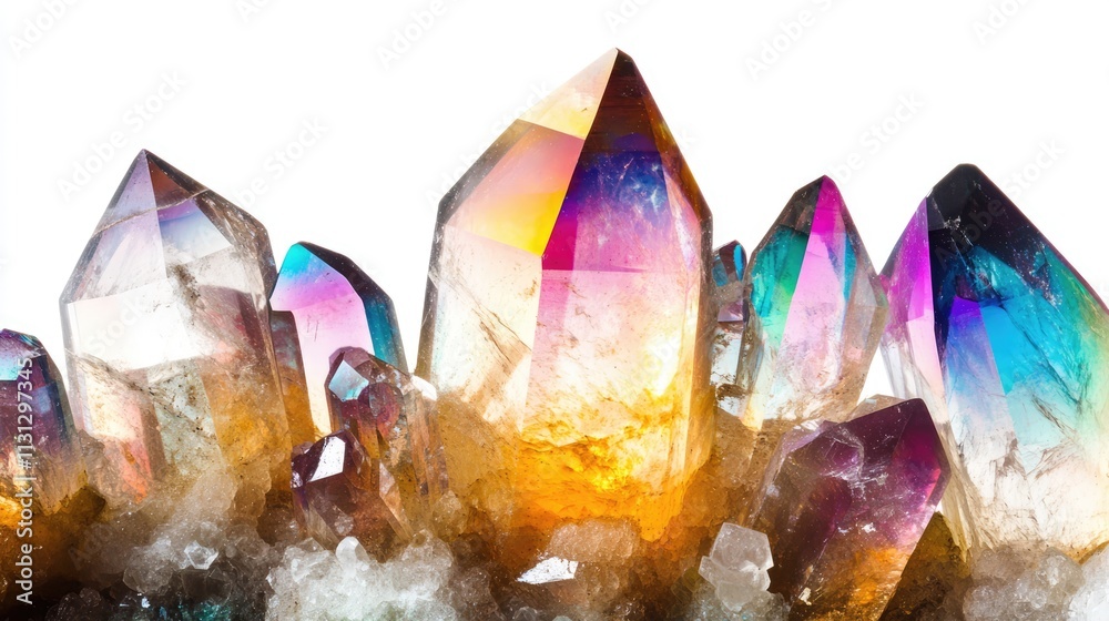 Poster natural quartz aura titan semigem geode crystals in vibrant colors isolated on white background show