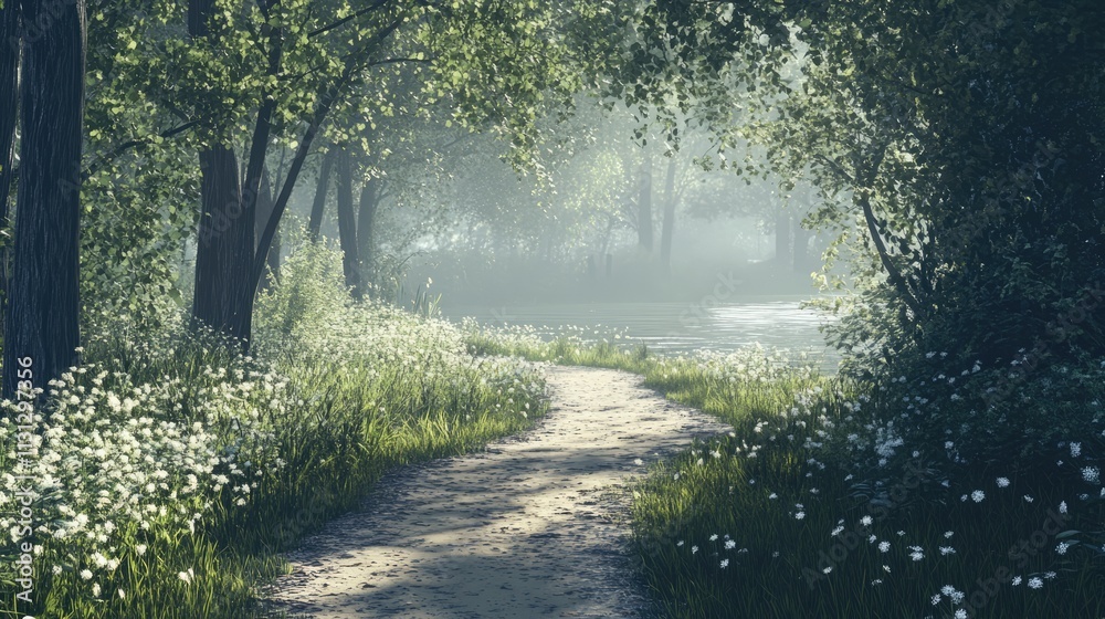 Poster serene footpath winding through lush greenery in a tranquil park setting surrounded by blooming wild
