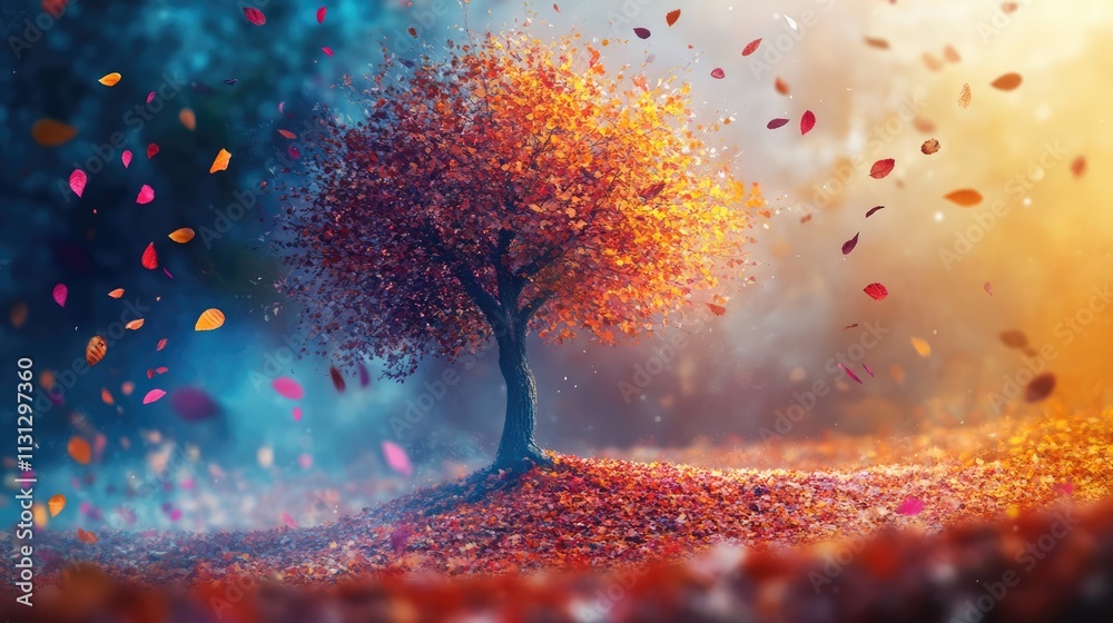 Aufkleber Colorful autumn foliage falling from a vibrant tree in a serene forest setting with beautiful bokeh effects and warm sunlight.