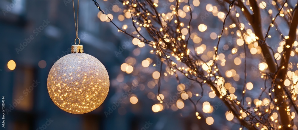 Poster festive gold ornament hanging on a tree branch illuminated by warm lights creating a cozy holiday at