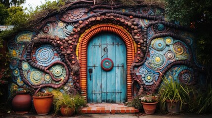 Artistic Mosaic Doorway Framed by Lush Greenery