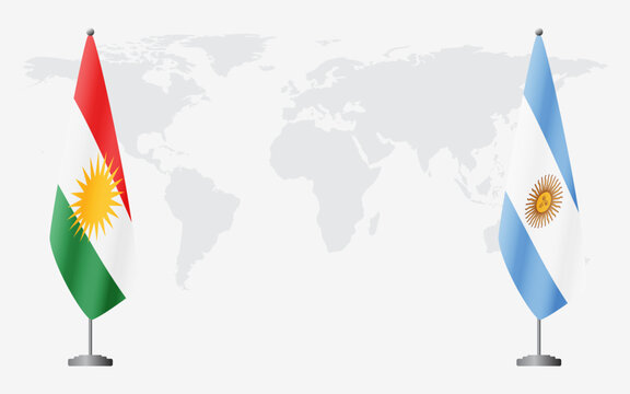 Kurdistan and Argentina flags for official meeting against background of world map.