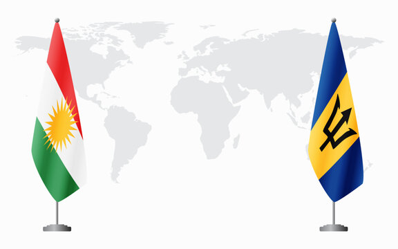 Kurdistan and Barbados flags for official meeting against background of world map.