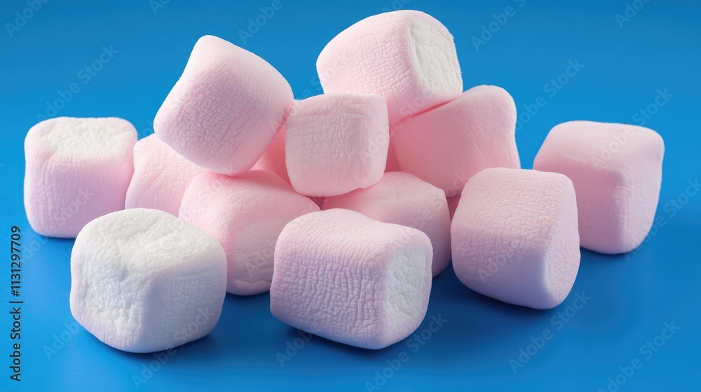 Poster Pink marshmallows stacked on a vibrant blue background creating a playful and inviting confectionery scene for desserts and snacks.