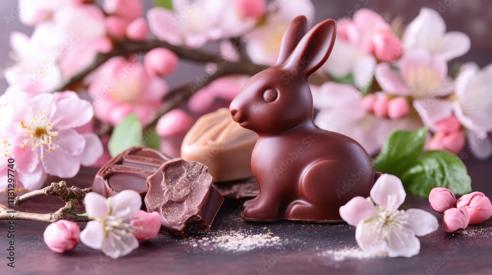 Poster chocolate rabbit surrounded by marzipan flowers and blossoms on a dark background creating a delight