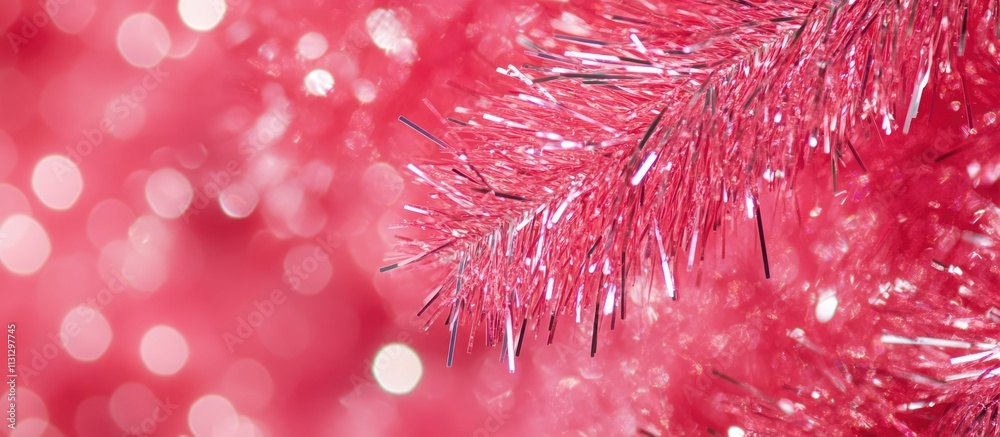 Poster Macro shot of vibrant pink tinsel with sparkling bokeh creating a festive and colorful background ideal for celebrations and holiday themes.