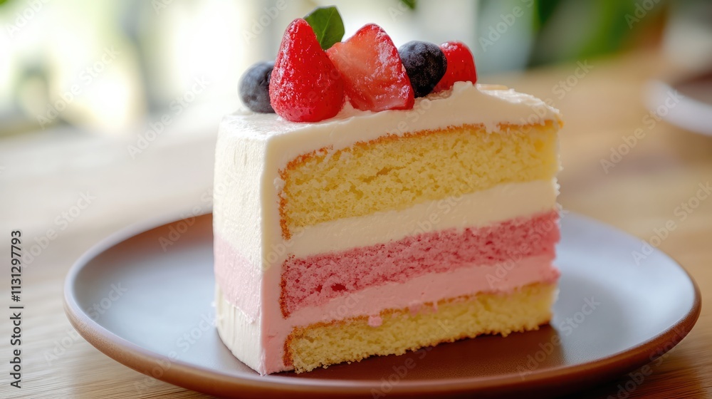 Poster delicious layered cake slice with fresh strawberries and blueberries on a rustic wooden table backgr