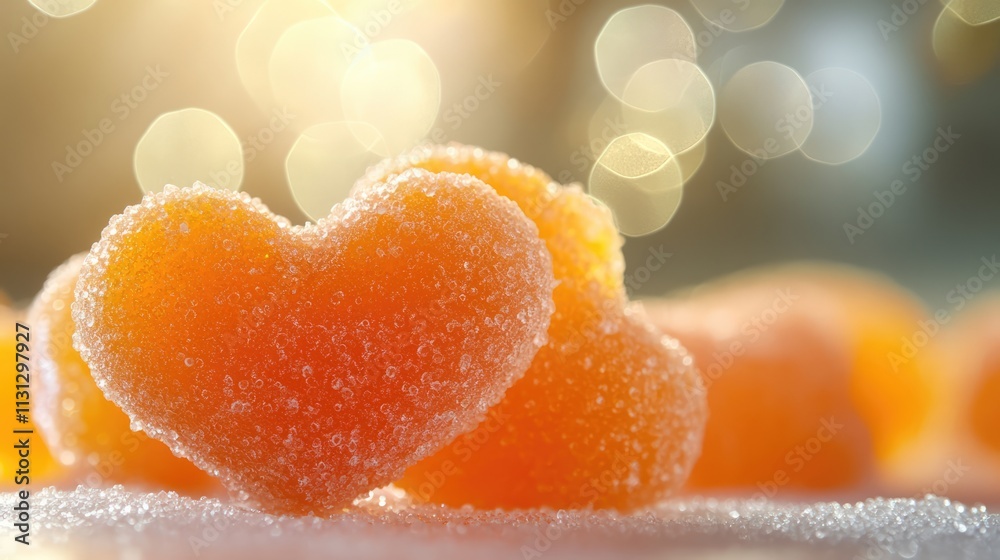 Aufkleber Heart-shaped marmalade sweets coated in sugar on a bright background with soft bokeh lights creating a warm and inviting atmosphere.