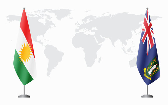 Kurdistan and British Virgin Islands flags for official meeting against background of world map.