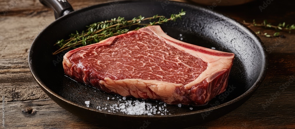 Poster marbled beef steak resting in a frying pan with sea salt and fresh thyme on a rustic wooden surface