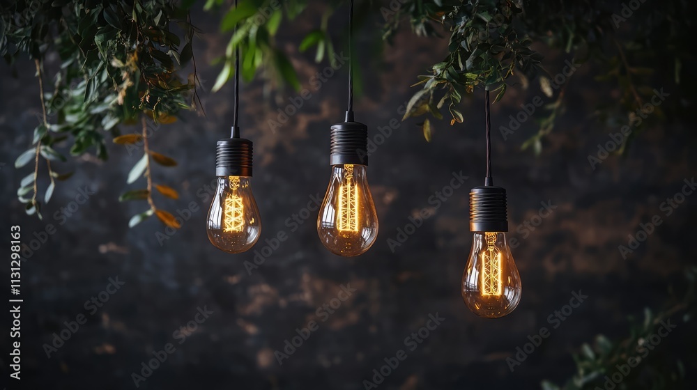 Poster stylish vintage hanging light bulbs surrounded by greenery on a dark textured background creating a 