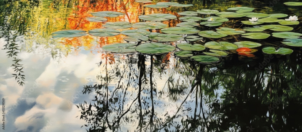 Aufkleber reflective lake surface capturing vibrant autumn colors and lily pads in serene august setting