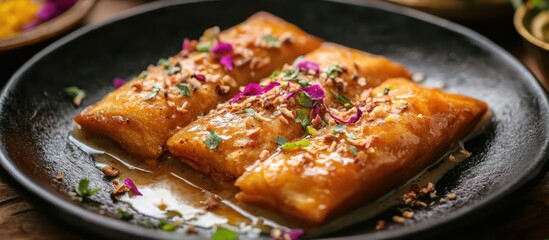 Delectable Shahi Tukda Indian dessert featuring fried bread soaked in milk and garnished with dry fruits and edible flowers