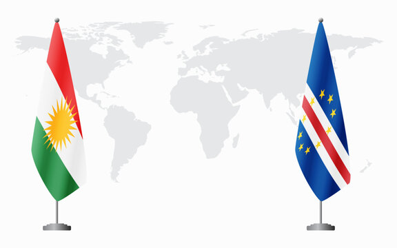 Kurdistan and Cape Verde flags for official meeting against background of world map.