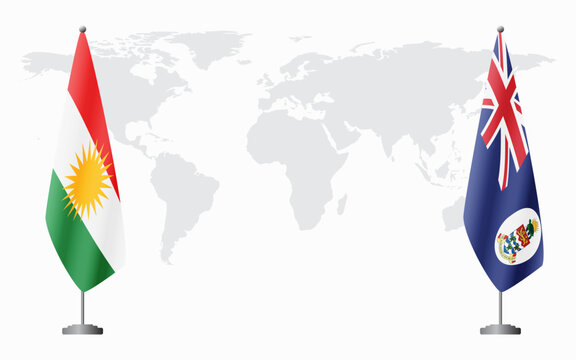 Kurdistan and Cayman Islands flags for official meeting against background of world map.