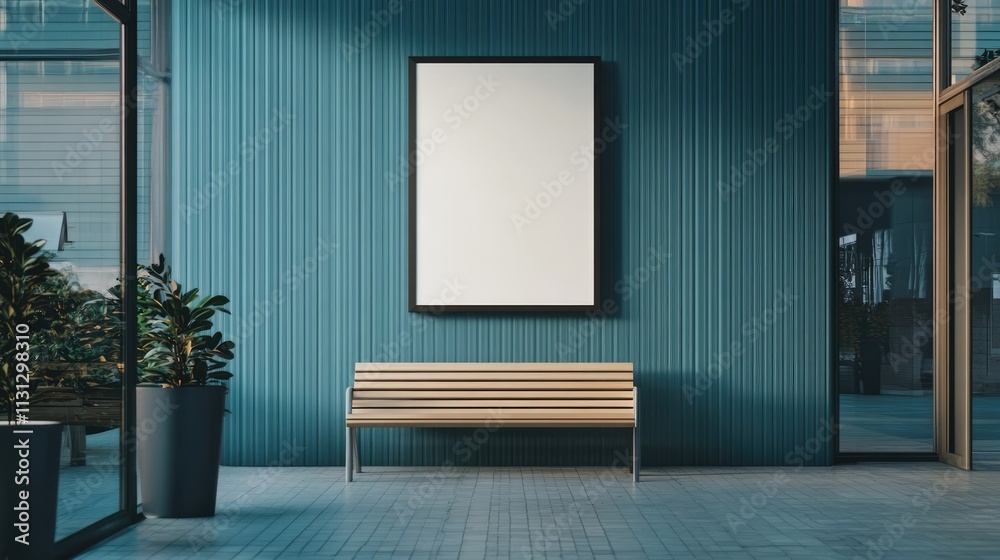Poster Modern marketing poster mockup in a stylish indoor setting featuring an empty frame on a textured wall and a wooden bench for display purposes.