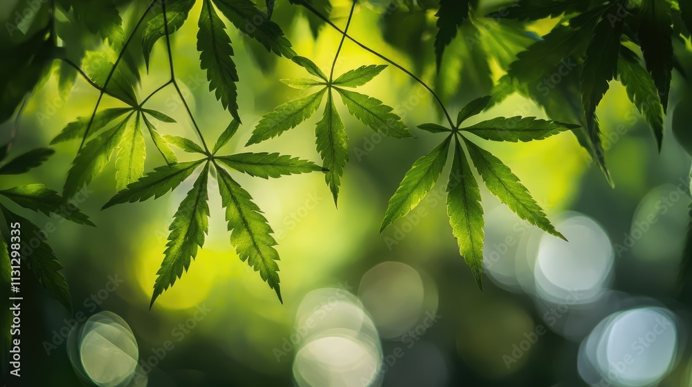 Aufkleber delicate maple leaves adorned with sunlight creating a serene natural backdrop in a lush green envir