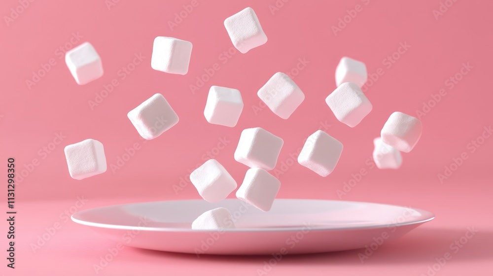 Poster floating marshmallows over a white plate against a soft pink background showcasing a delicate desser