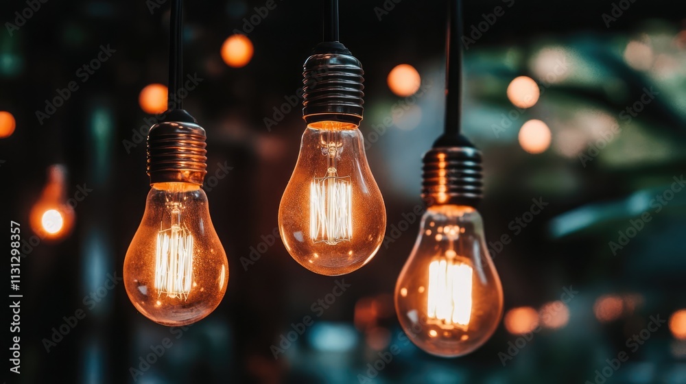 Aufkleber vintage style hanging light bulbs glowing against a dark background creating an inviting warm ambian
