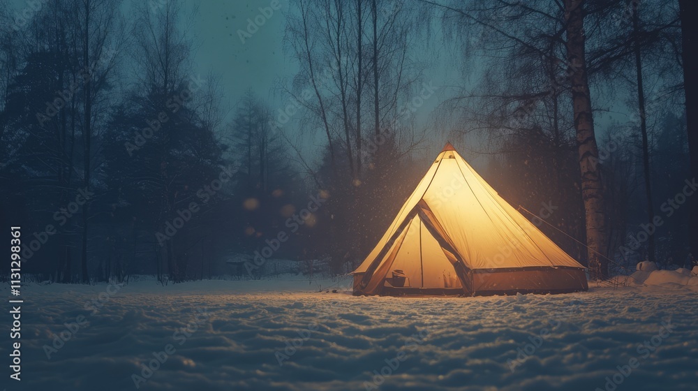 Aufkleber Cozy illuminated tent in a snowy winter landscape creating a warm and inviting atmosphere in the serene wilderness at twilight.