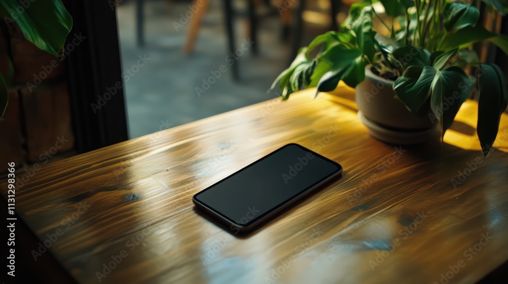 Poster mockup smartphone displayed on wooden table with plant in background showcasing modern technology an