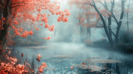 mystical forest landscape with fog and autumn leaves reflecting in tranquil pond during cold season