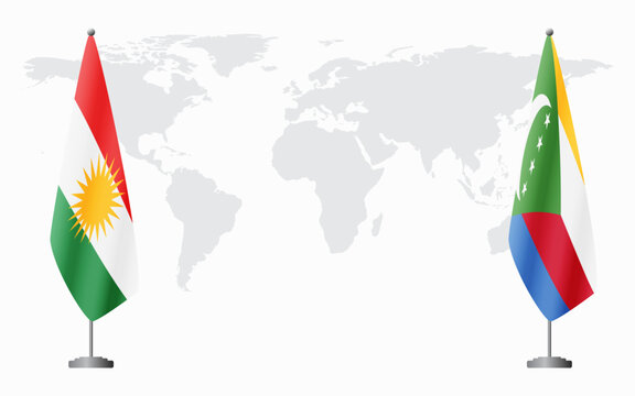 Kurdistan and Comoros flags for official meeting against background of world map.