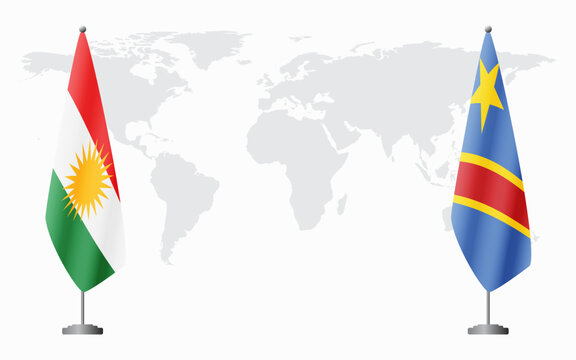 Kurdistan and Democratic Republic of Congo flags for official meeting against background of world map.