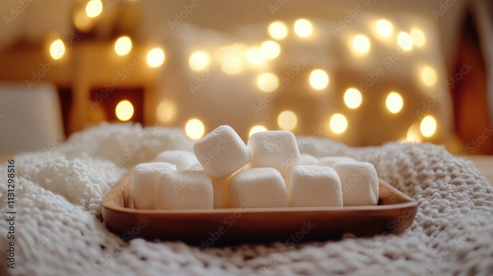 Aufkleber Marshmallows arranged on a wooden tray with soft lighting and a cozy background creating a warm inviting atmosphere