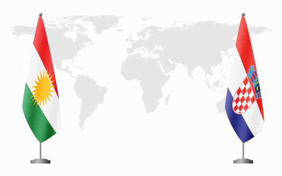 Kurdistan and Croatia flags for official meeting against background of world map.
