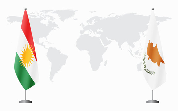 Kurdistan and Republic of Cyprus flags for official meeting against background of world map.