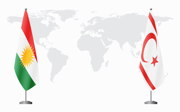 Kurdistan and Turkish Republic of Northern Cyprus flags for official meeting against background of world map.