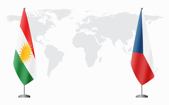 Kurdistan and Czech Republic flags for official meeting against background of world map.