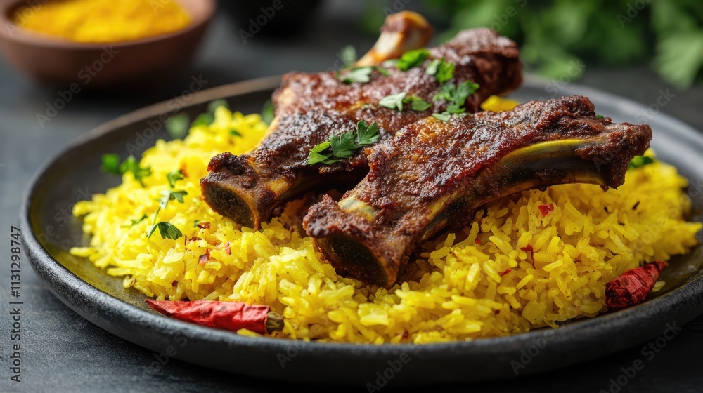 Poster marrowbone served with vibrant saffron rice garnished with herbs on a dark rustic plate creating a h