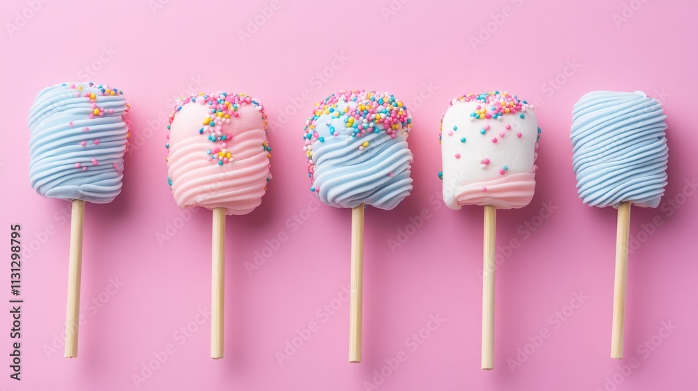Poster colorful marshmallow candies on wooden sticks arranged in a row against a pink background with sprin