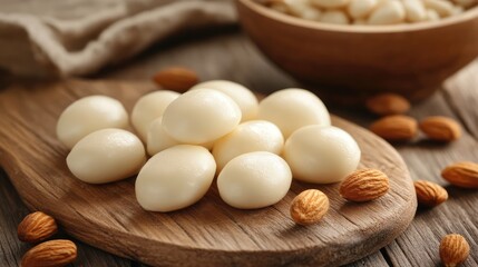 Delicious marzipan candies shaped like eggs with whole almonds on rustic wooden board and natural background setting