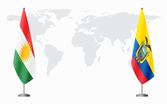 Kurdistan and Ecuador flags for official meeting against background of world map.