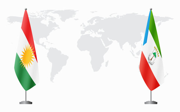 Kurdistan and Equatorial Guinea flags for official meeting against background of world map.