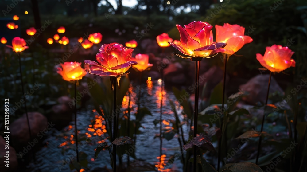 Poster enchanting illuminated roses glowing softly in a serene water garden at dusk, creating a magical atm