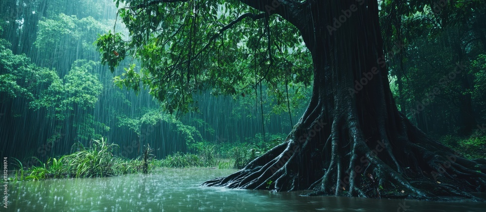 Poster monsoon rains nurture lush forests as robust tree roots emerge to stabilize and support the verdant 