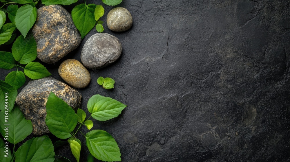 Poster natural stones and vibrant green leaves arranged on a dark surface with ample space for product bran