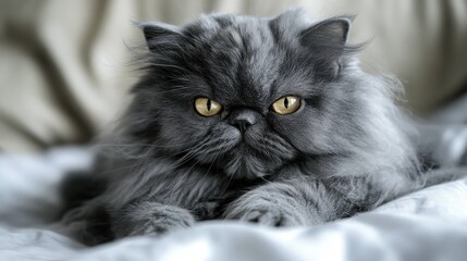 Fototapeta premium Elegant grey Persian cat resting on a bed with a captivating gaze toward the camera showcasing its striking golden eyes