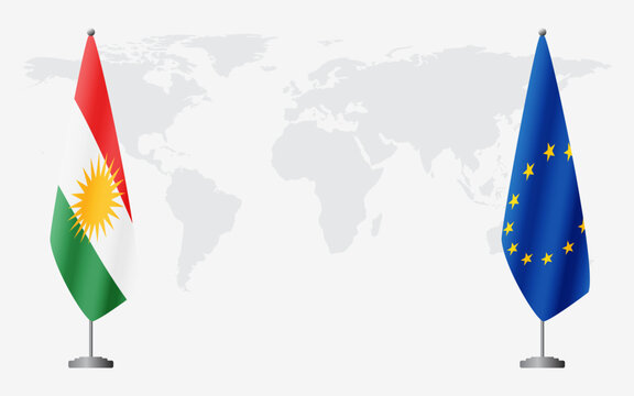 Kurdistan and European Union flags for official meeting against background of world map.