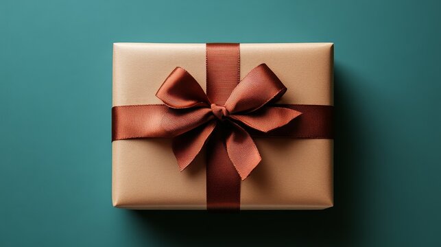 Elegant gift box with brown ribbon on teal background