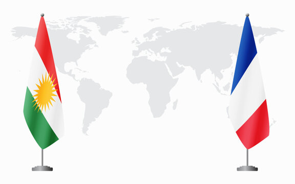 Kurdistan and France flags for official meeting against background of world map.