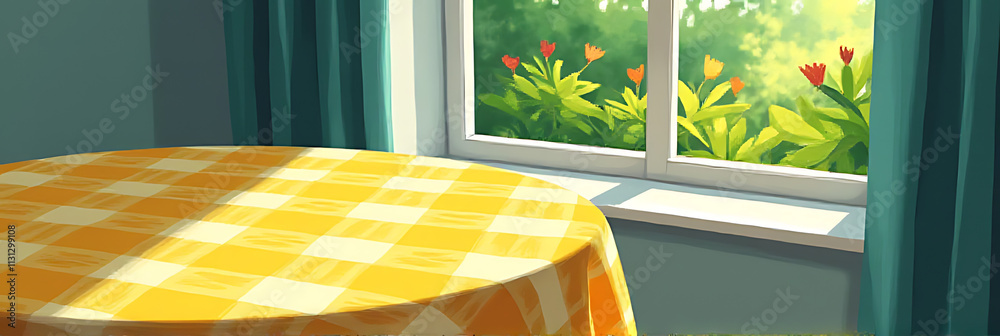 Poster a yellow checkered tablecloth is placed on a surface next to an abstract depiction of a green garden