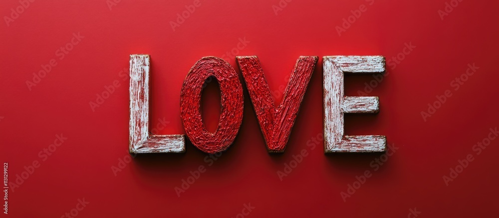 Poster textured love letters in white displayed prominently on a vibrant red background symbolizing romance